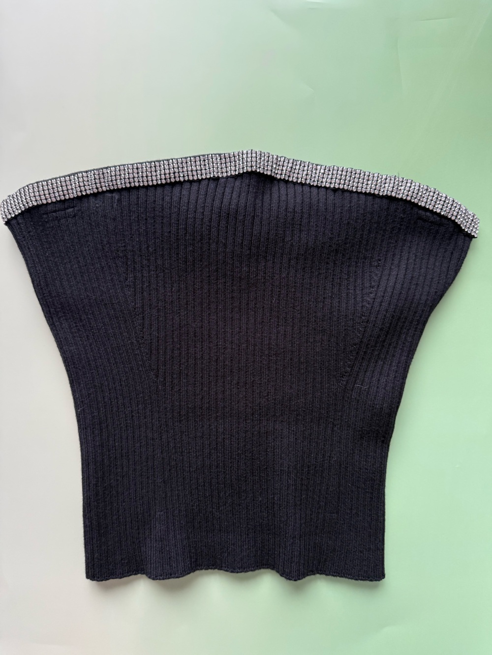 Black Ribbed Knit Top with Rhinestone Trim - Picture 2 of 10